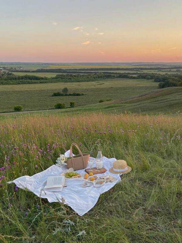 Calm outdoor landscape with open grass, soft light, and a peaceful picnic atmosphere
